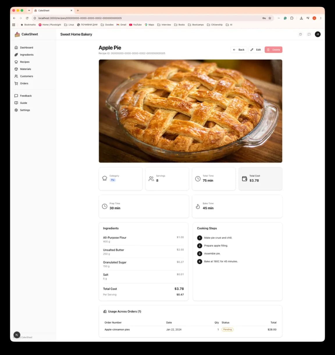 A recipe's cost breakdown with per-ingredient costs, total cost, and price per serving