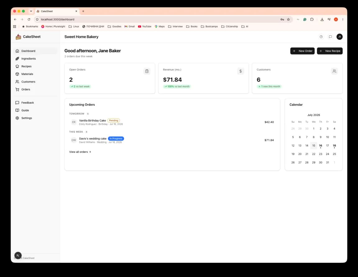 A dashboard with open-order and revenue stats, upcoming orders, and a calendar
