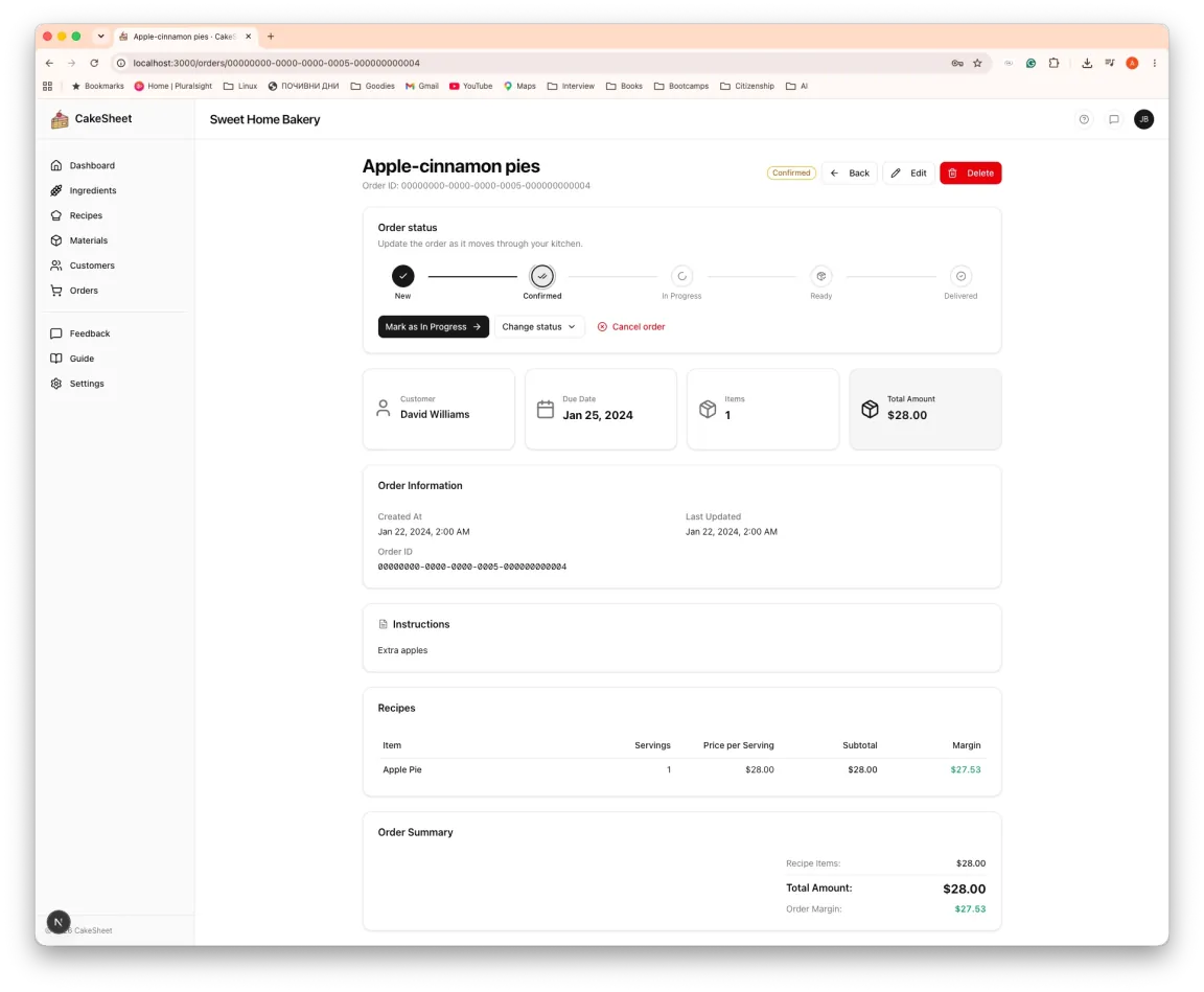 An order with its customer, due date, status, and recipe line items