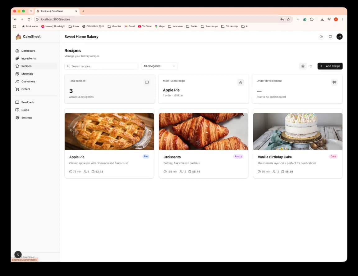 A recipe library of cards with photos, yields, and per-recipe costs